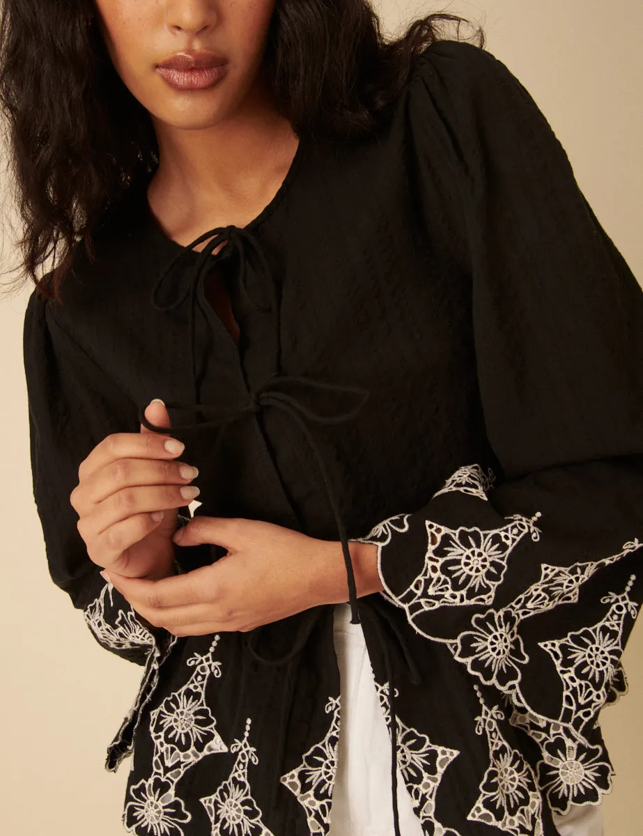 Black Tie Front Embroidered Blouse sold by Nobody's Child product image thumbnail 2