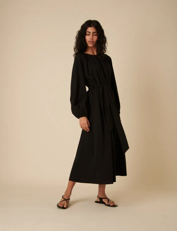 Black Gathered Tie Waist Mayall Midi Dress sold by Nobody's Child