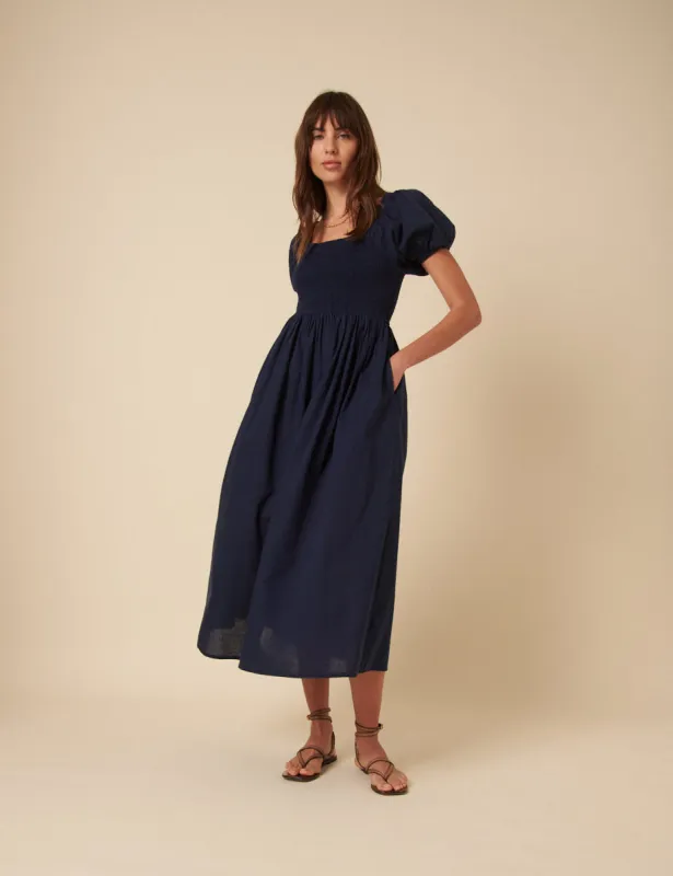 Navy Puff Sleeve Shirred Tasmin Midi Dress sold by Nobody's Child