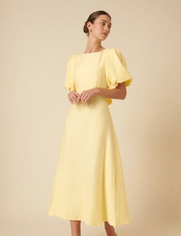 Butter Yellow Puff Sleeve Zola Midi Dress sold by Nobody's Child