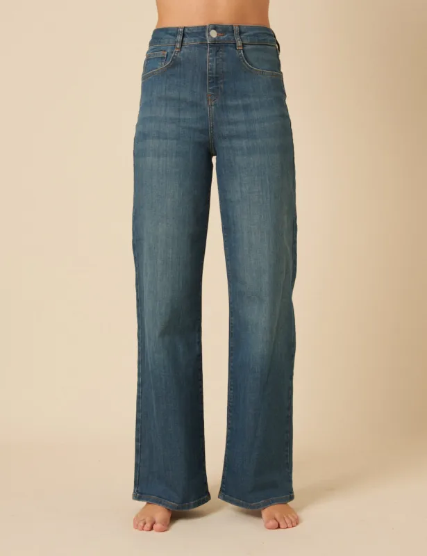 Mid Wash Stretch Wide Leg Jeans sold by Nobody's Child