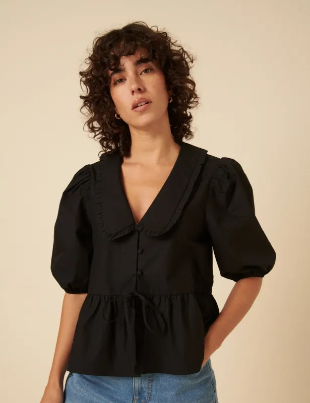 Black Puff Sleeve Tie Front Blouse sold by Nobody's Child