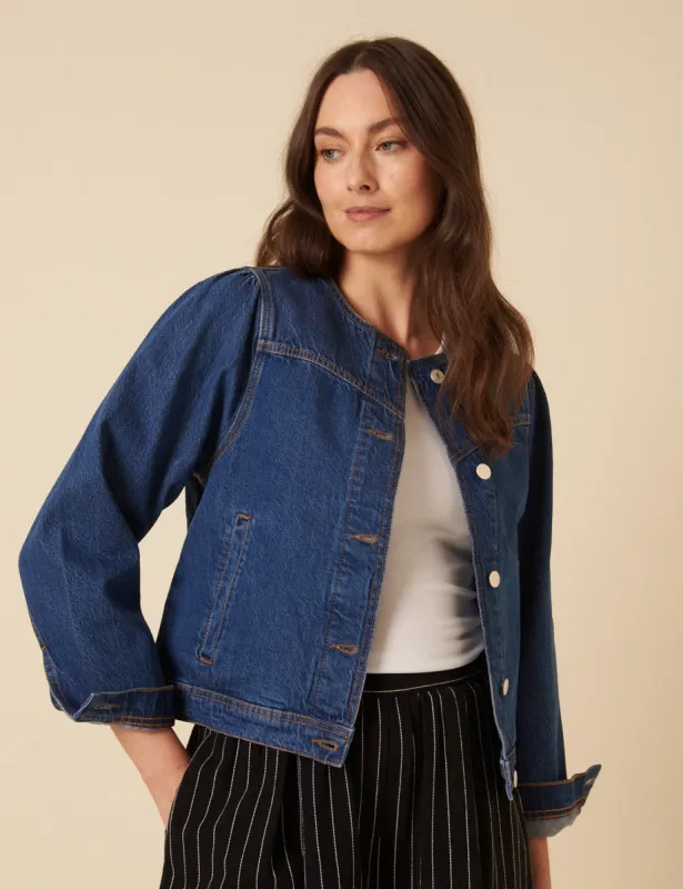 Dark Blue Denim Collarless Jacket sold by Nobody's Child