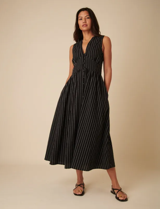 Black Pinstripe Sleeveless Starlight Midi Dress sold by Nobody's Child