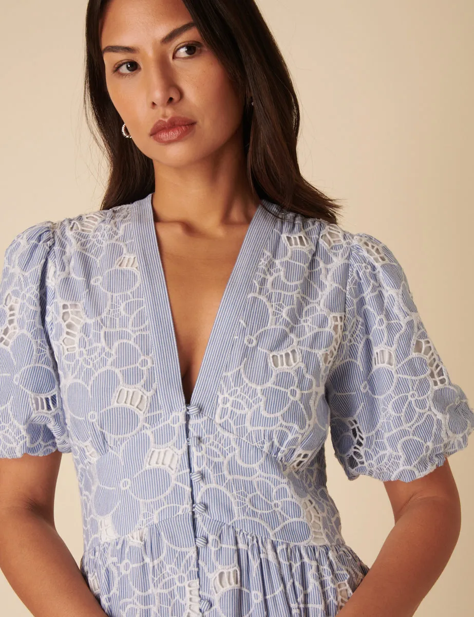 Blue Stripe Floral Embroidered Starlight Midi Dress sold by Nobody's Child product image thumbnail 2