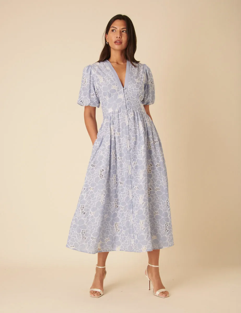 Blue Stripe Floral Embroidered Starlight Midi Dress sold by Nobody's Child