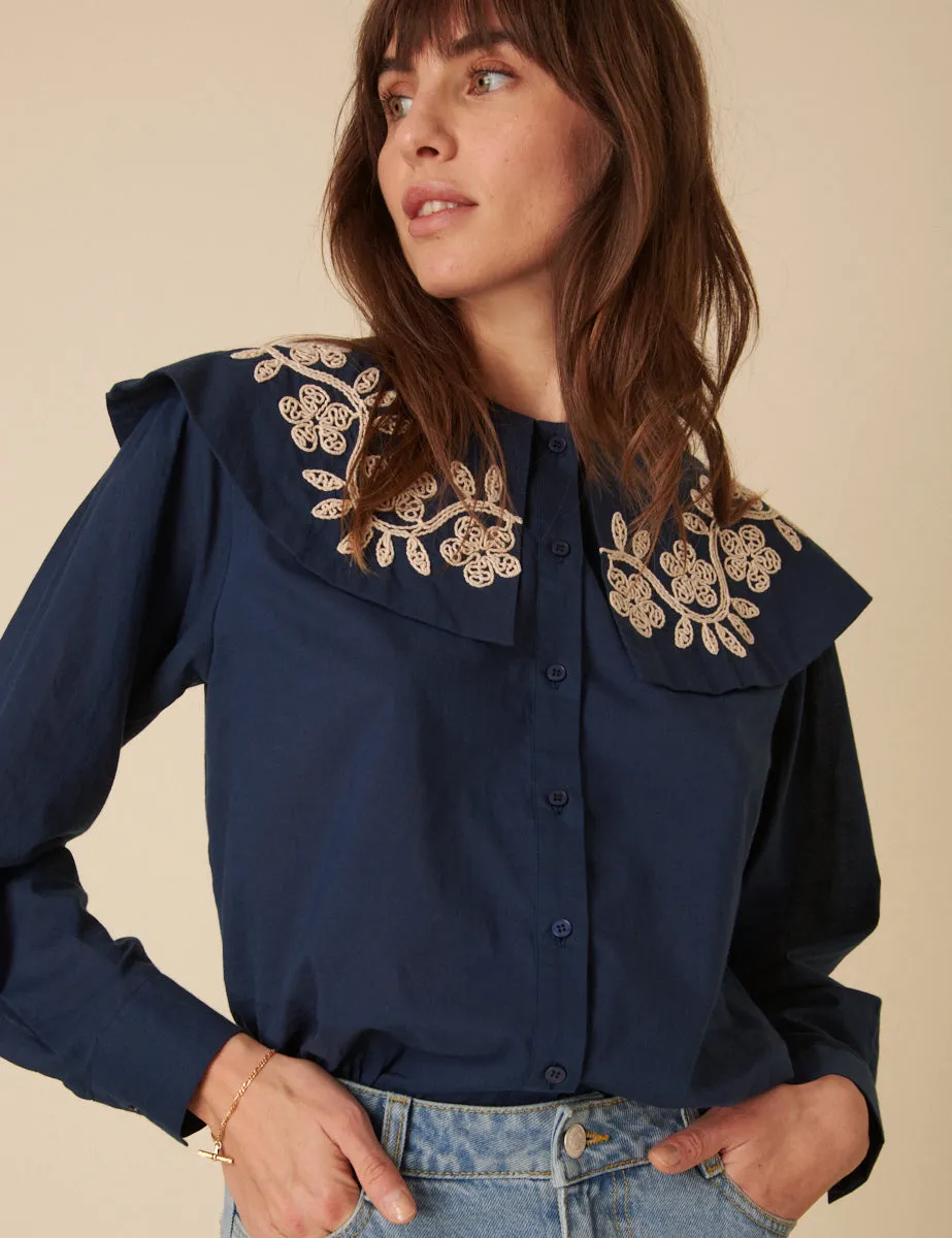 Navy Floral Embroidered Collar Blouse sold by Nobody's Child product image thumbnail 2