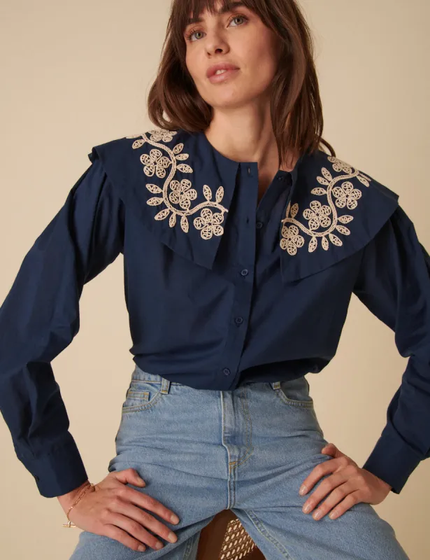 Navy Floral Embroidered Collar Blouse sold by Nobody's Child