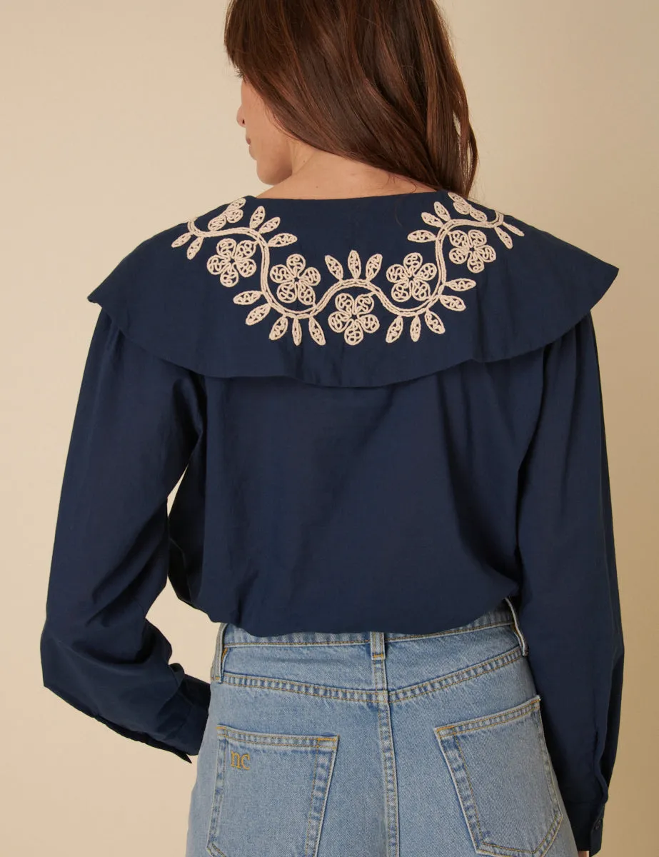 Navy Floral Embroidered Collar Blouse sold by Nobody's Child product image thumbnail 4