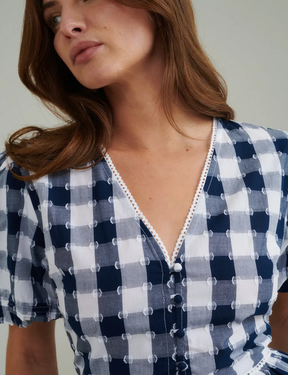 Blue Gingham Puff Sleeve Peplum Blouse sold by Nobody's Child product image thumbnail 2