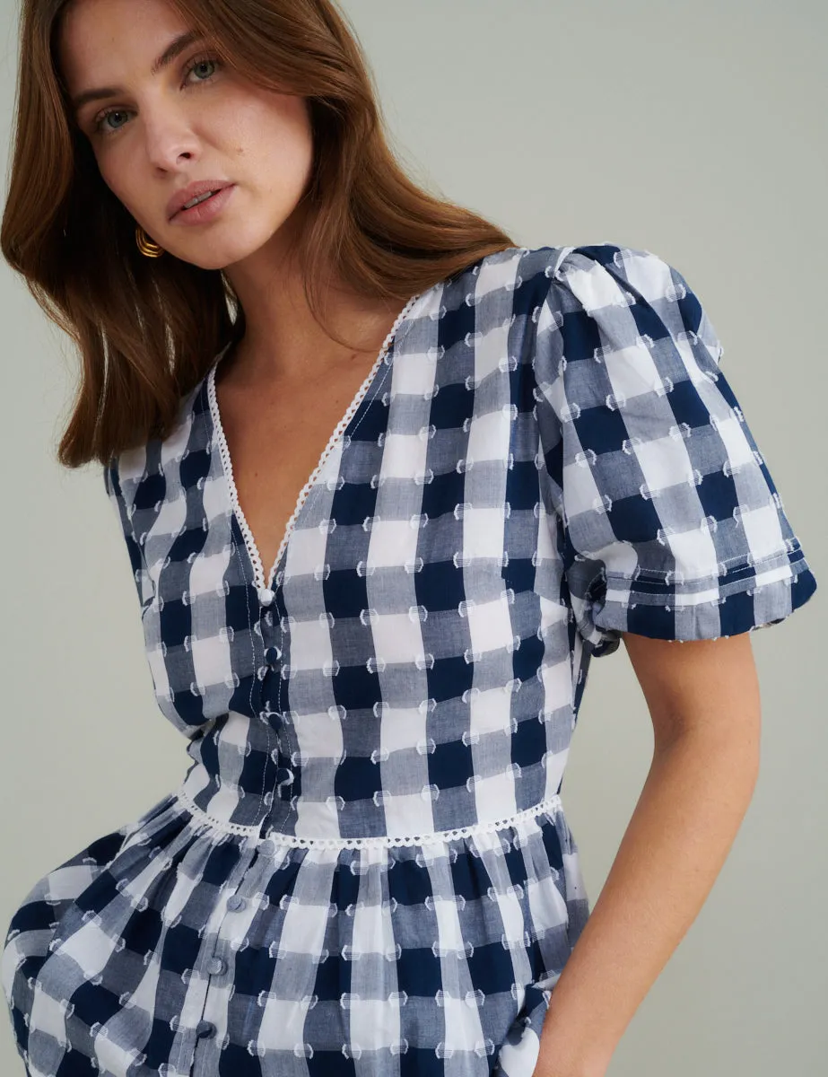 Blue Gingham Puff Sleeve Peplum Blouse sold by Nobody's Child
