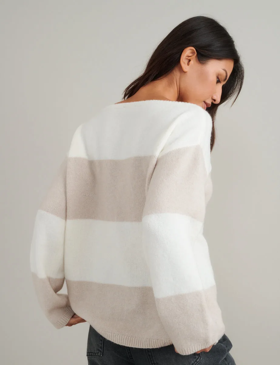 White And Beige Chunky Striped Knitted Jumper sold by Nobody's Child product image thumbnail 5