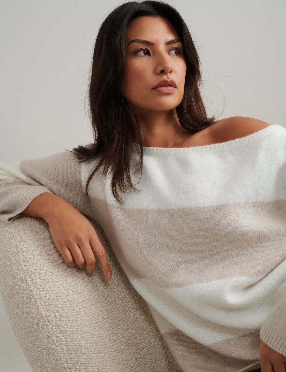 White And Beige Chunky Striped Knitted Jumper sold by Nobody's Child