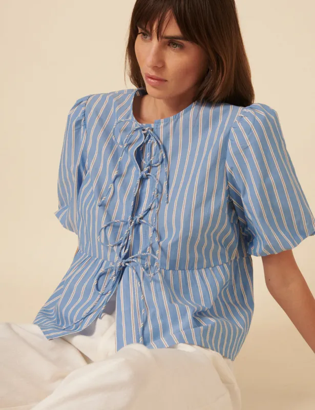 Blue Striped Tie Front Blouse sold by Nobody's Child