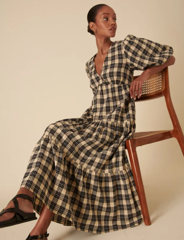 Black And Beige Check Puff Sleeve Tiered Roselena Midi Dress sold by Nobody's Child