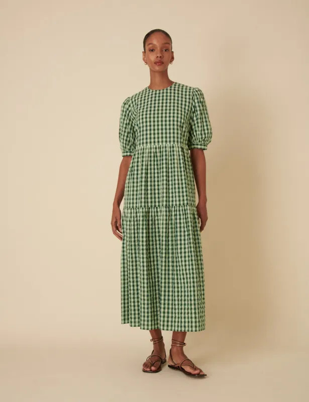 Green Gingham Tiered Rochelle Midi Dress sold by Nobody's Child