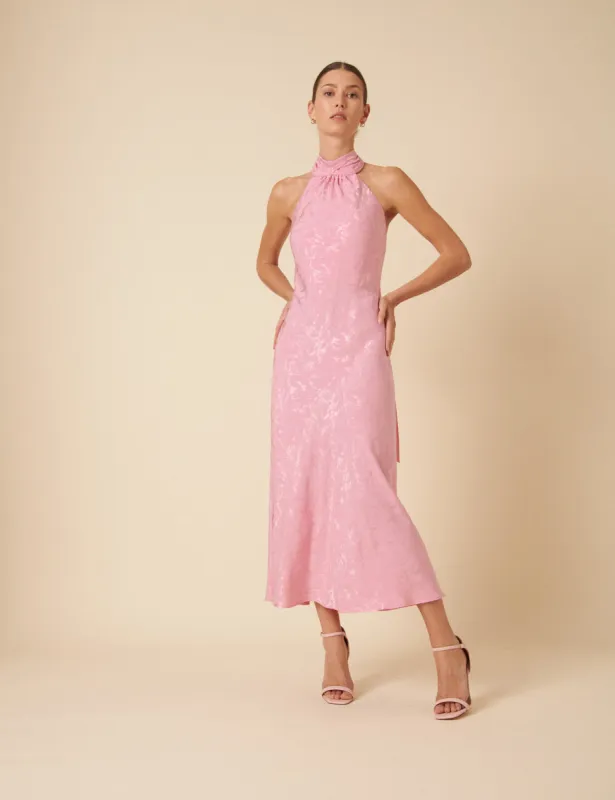 Pink Floral Satin Jacquard Tie Neck Fifi Midi Dress sold by Nobody's Child