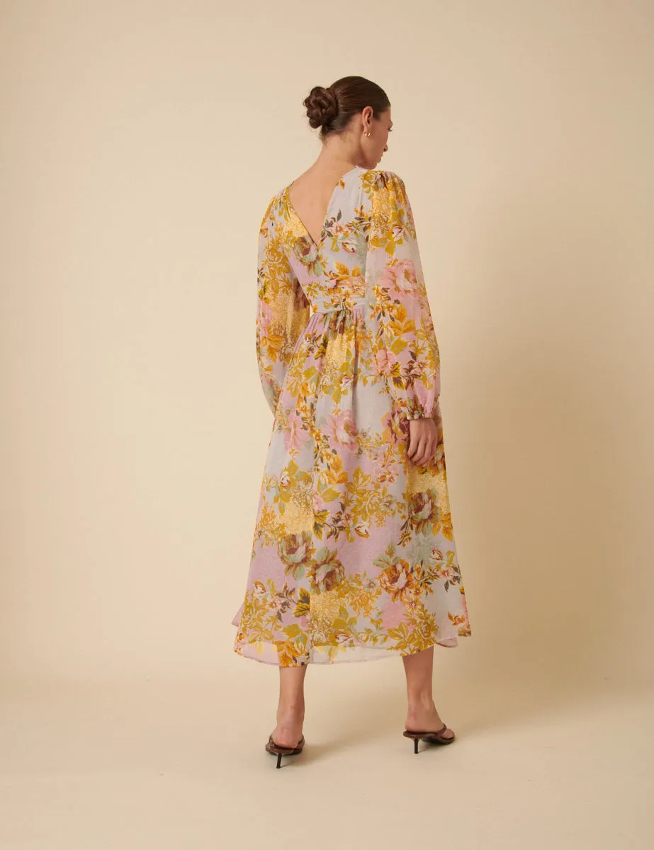 Yellow And Blue Floral Aine Midi Dress sold by Nobody's Child product image thumbnail 5