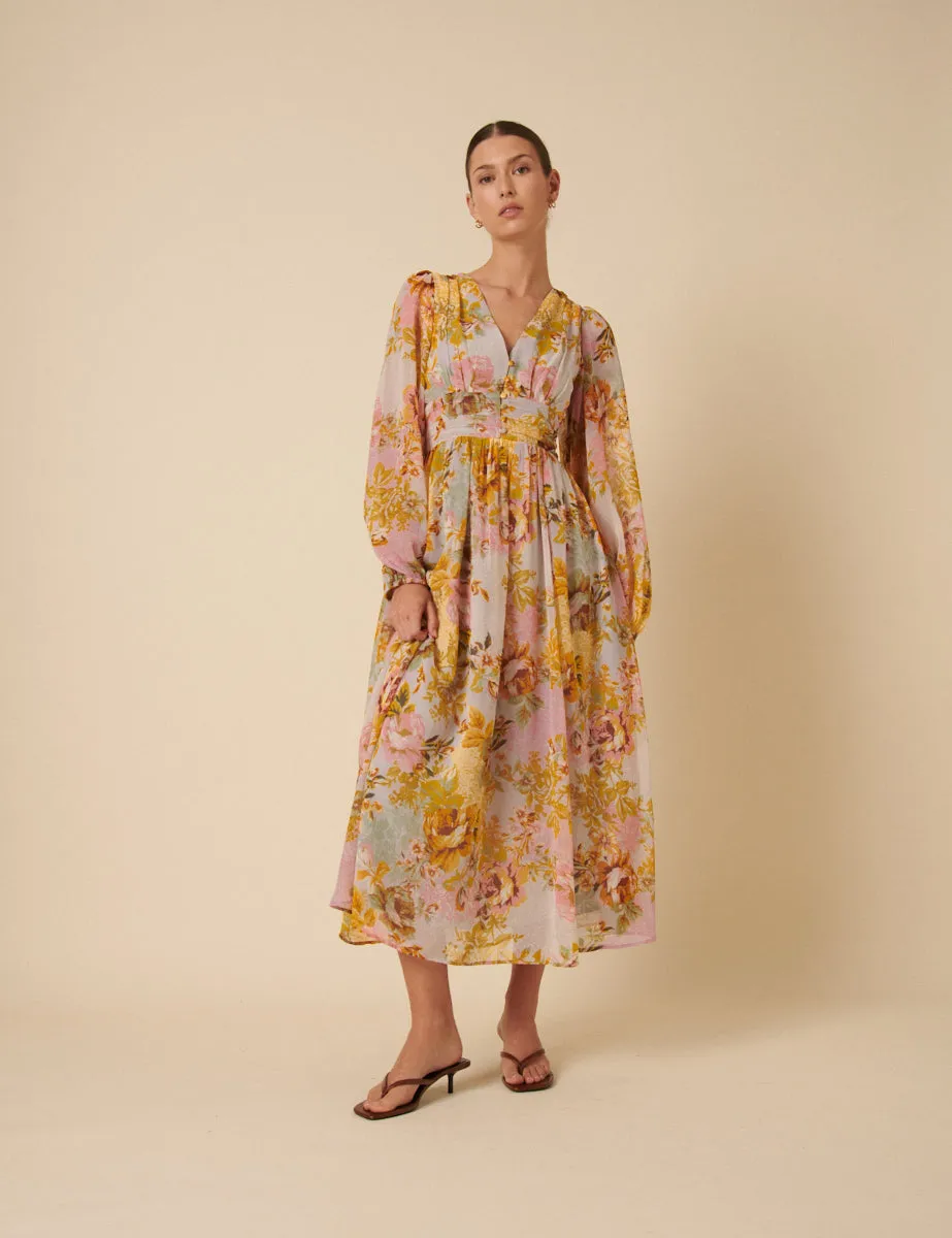Yellow And Blue Floral Aine Midi Dress sold by Nobody's Child product image thumbnail 3