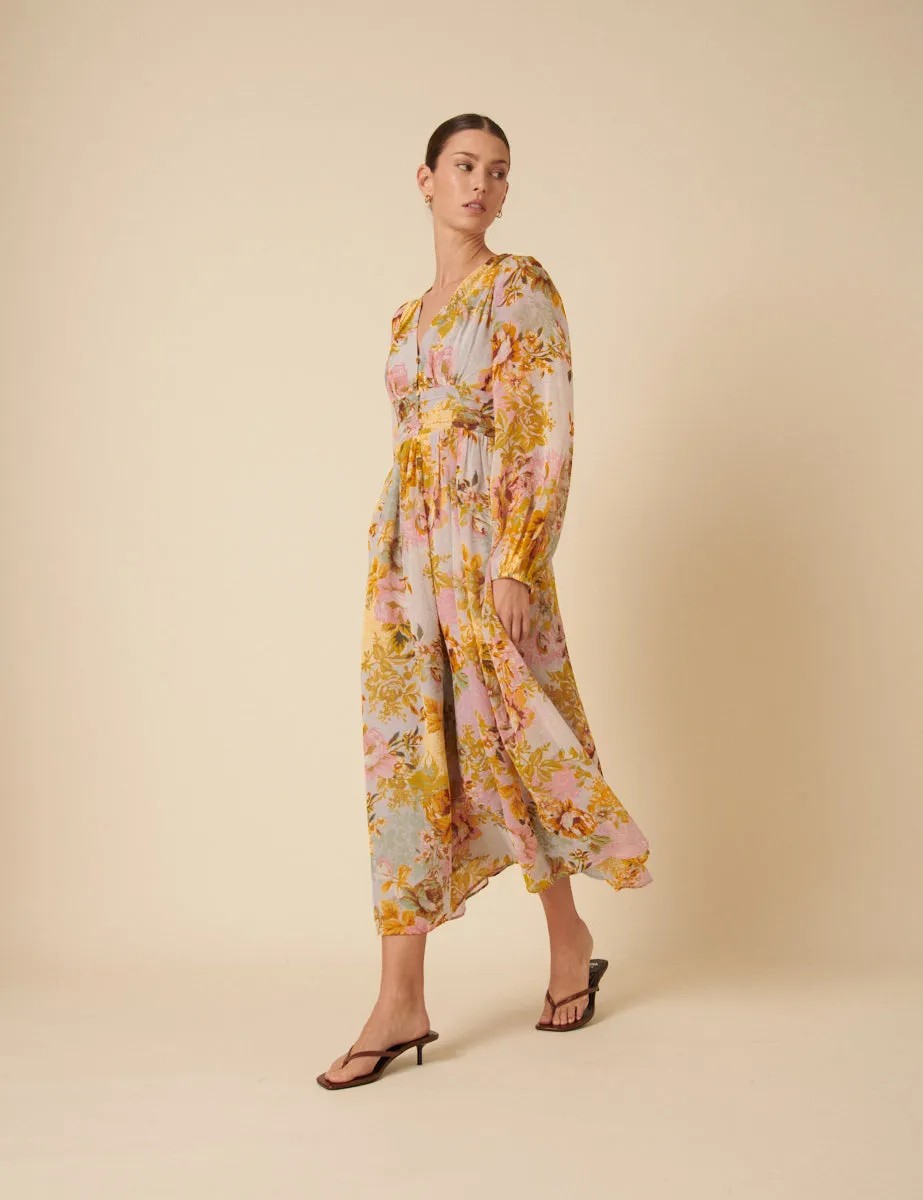 Yellow And Blue Floral Aine Midi Dress sold by Nobody's Child product image thumbnail 4