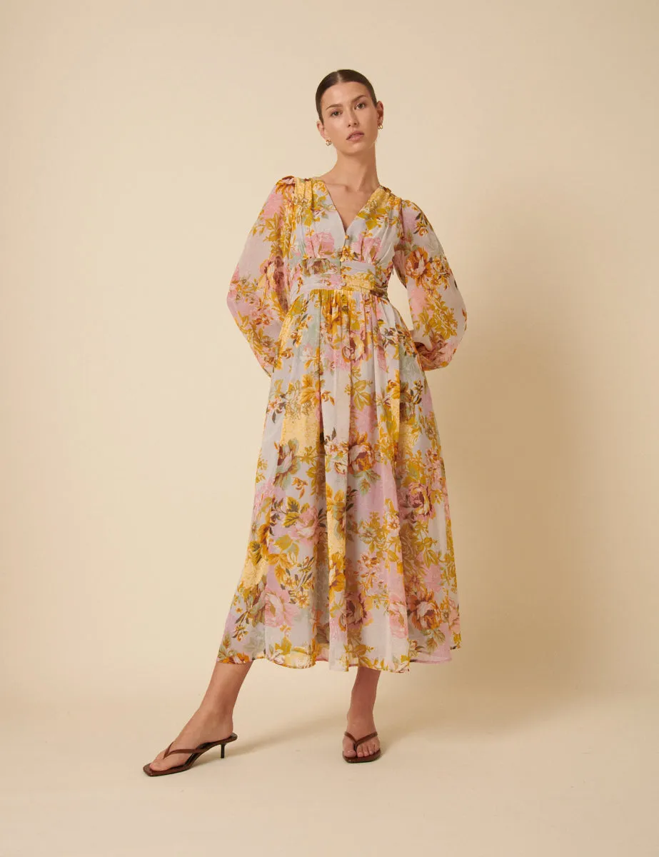 Yellow And Blue Floral Aine Midi Dress sold by Nobody's Child