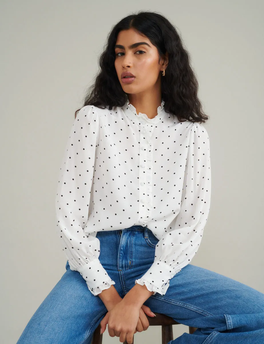 White Polka Dot Frill Blouse sold by Nobody's Child