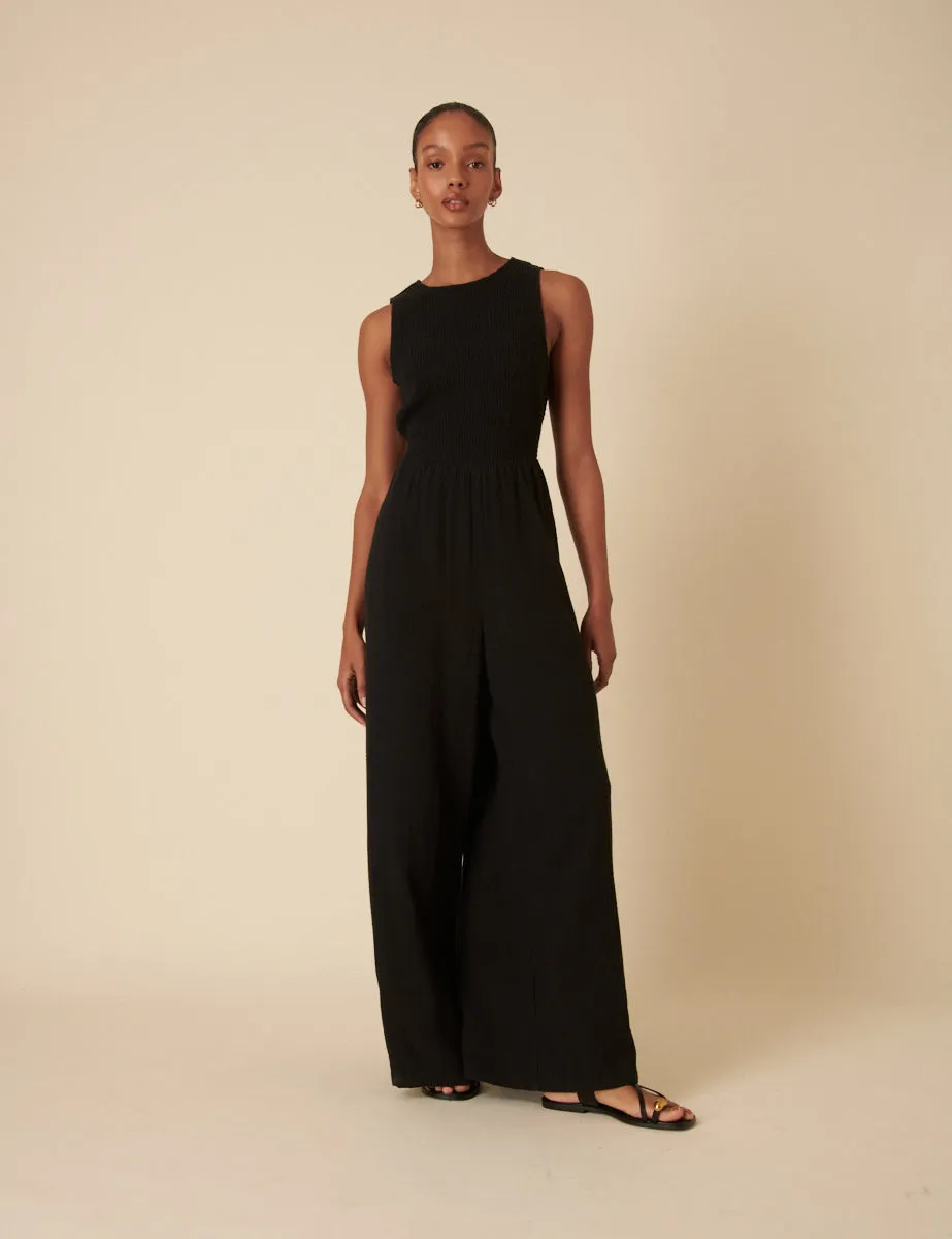 Black Shirred Jumpsuit sold by Nobody's Child