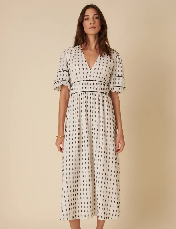 White Printed Ariana Midi Dress sold by Nobody's Child