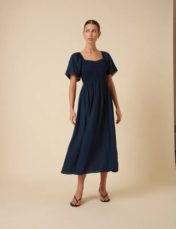 Navy Ruched Puff Sleeve Mia Midi Dress sold by Nobody's Child