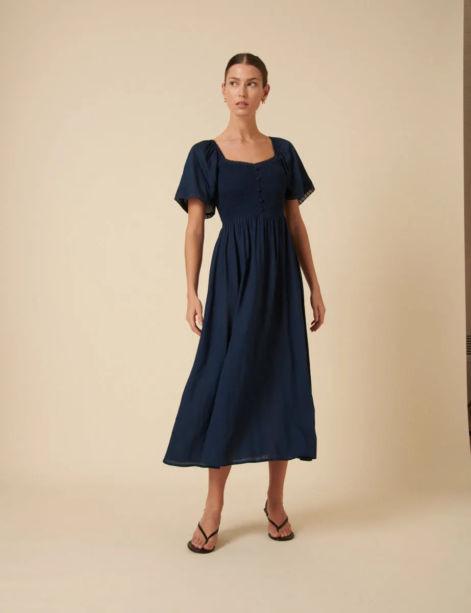 Navy Ruched Puff Sleeve Mia Midi Dress sold by Nobody's Child