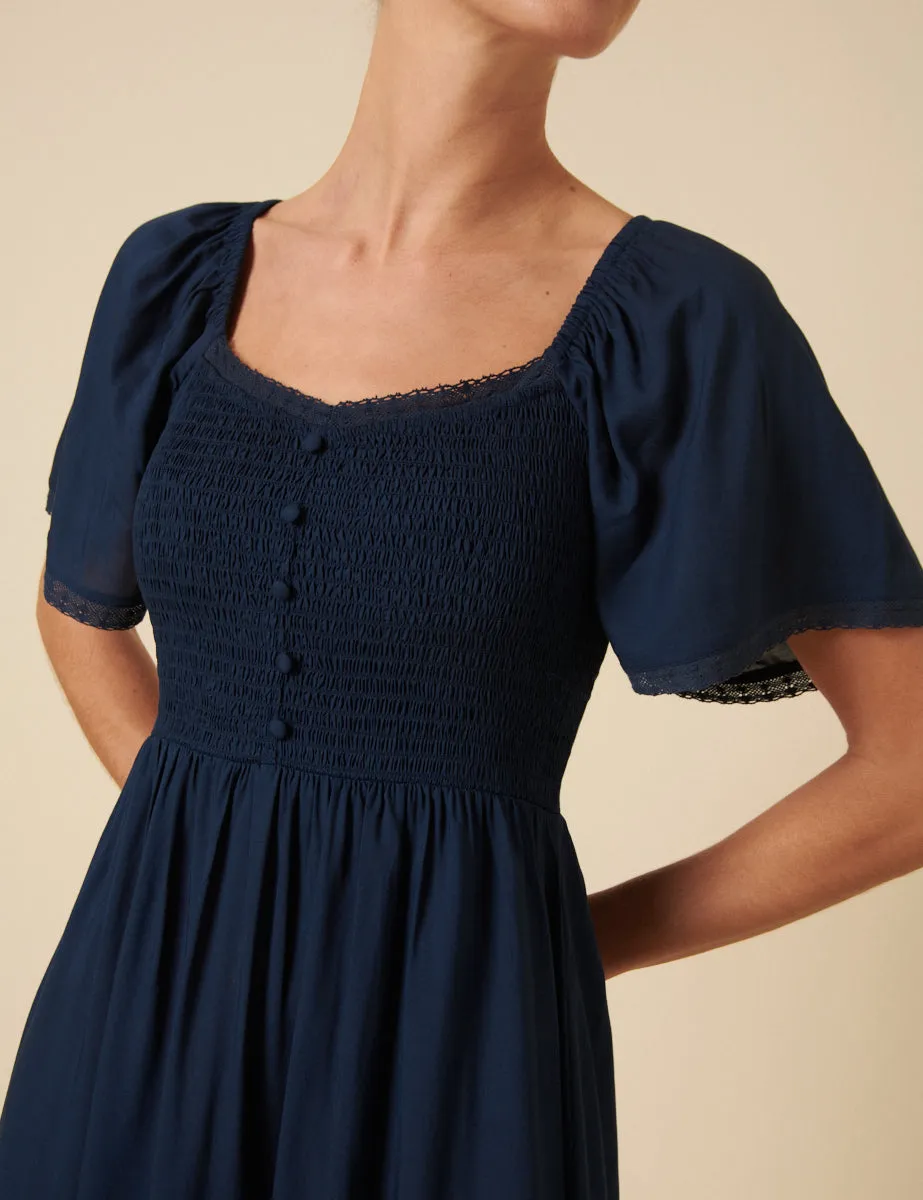 Navy Ruched Puff Sleeve Mia Midi Dress sold by Nobody's Child product image thumbnail 2