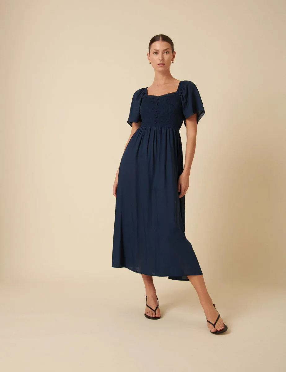 Navy Ruched Puff Sleeve Mia Midi Dress sold by Nobody's Child product image thumbnail 4