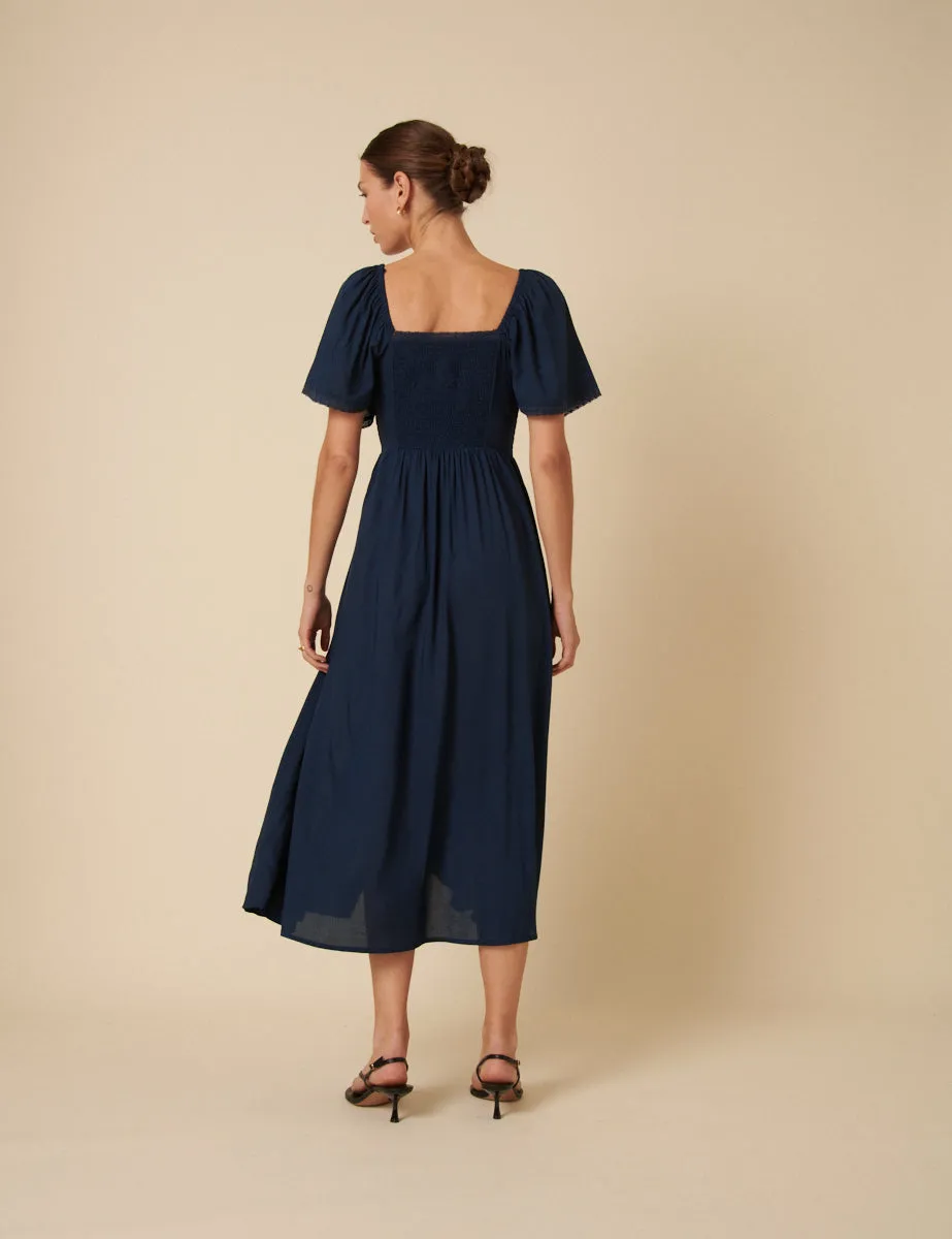 Navy Ruched Puff Sleeve Mia Midi Dress sold by Nobody's Child product image thumbnail 5