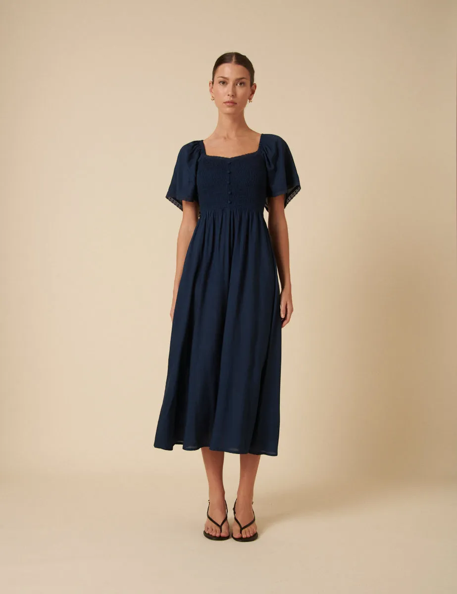 Navy Ruched Puff Sleeve Mia Midi Dress sold by Nobody's Child product image thumbnail 3