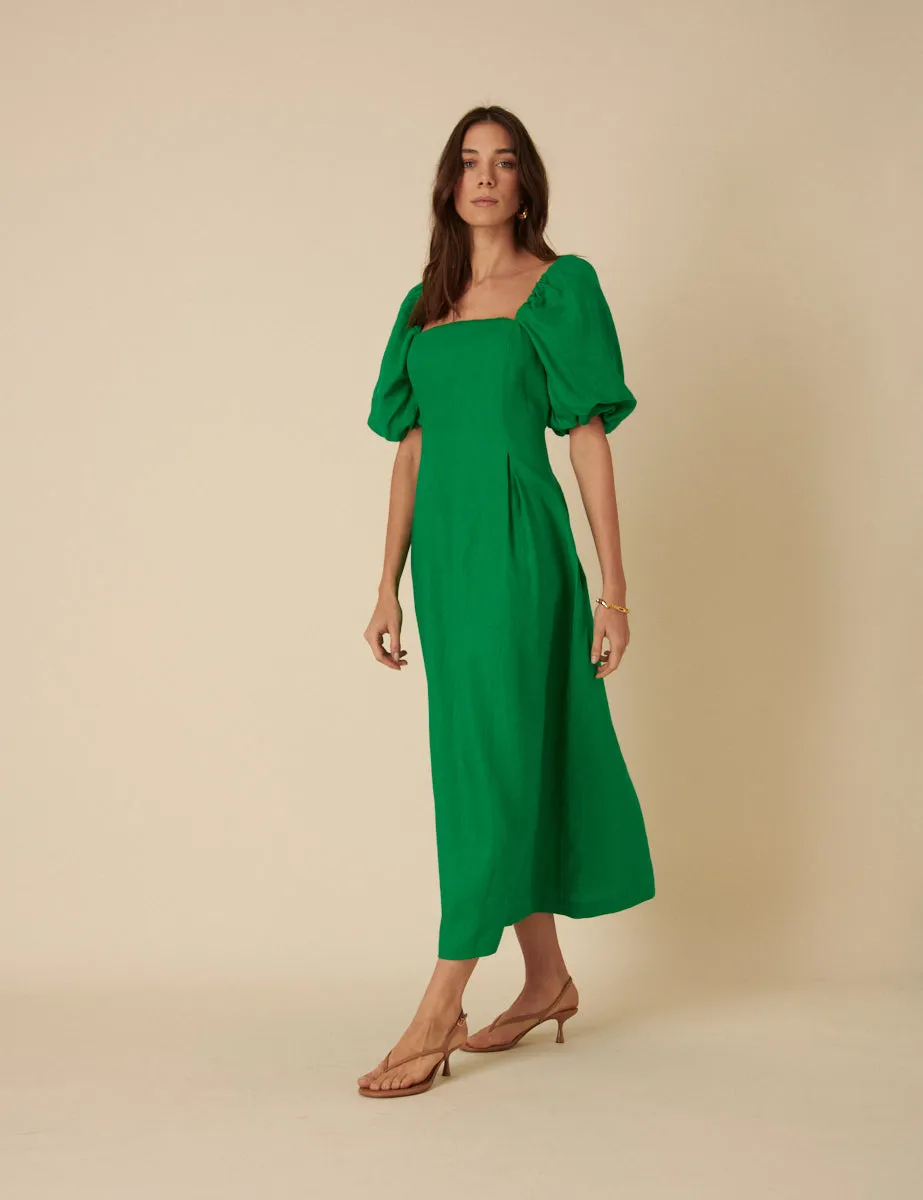 Green Puff Sleeve Linen Demi Midi Dress sold by Nobody's Child product image thumbnail 4