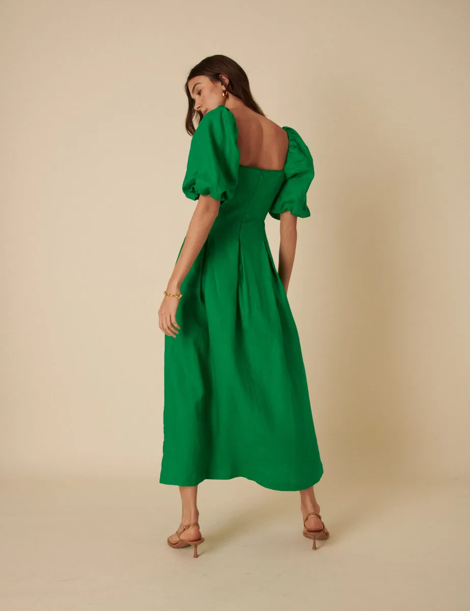 Green Puff Sleeve Linen Demi Midi Dress sold by Nobody's Child product image thumbnail 5