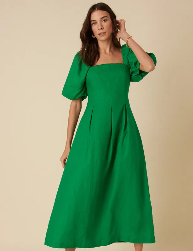 Green Puff Sleeve Linen Demi Midi Dress made by Nobody's Child