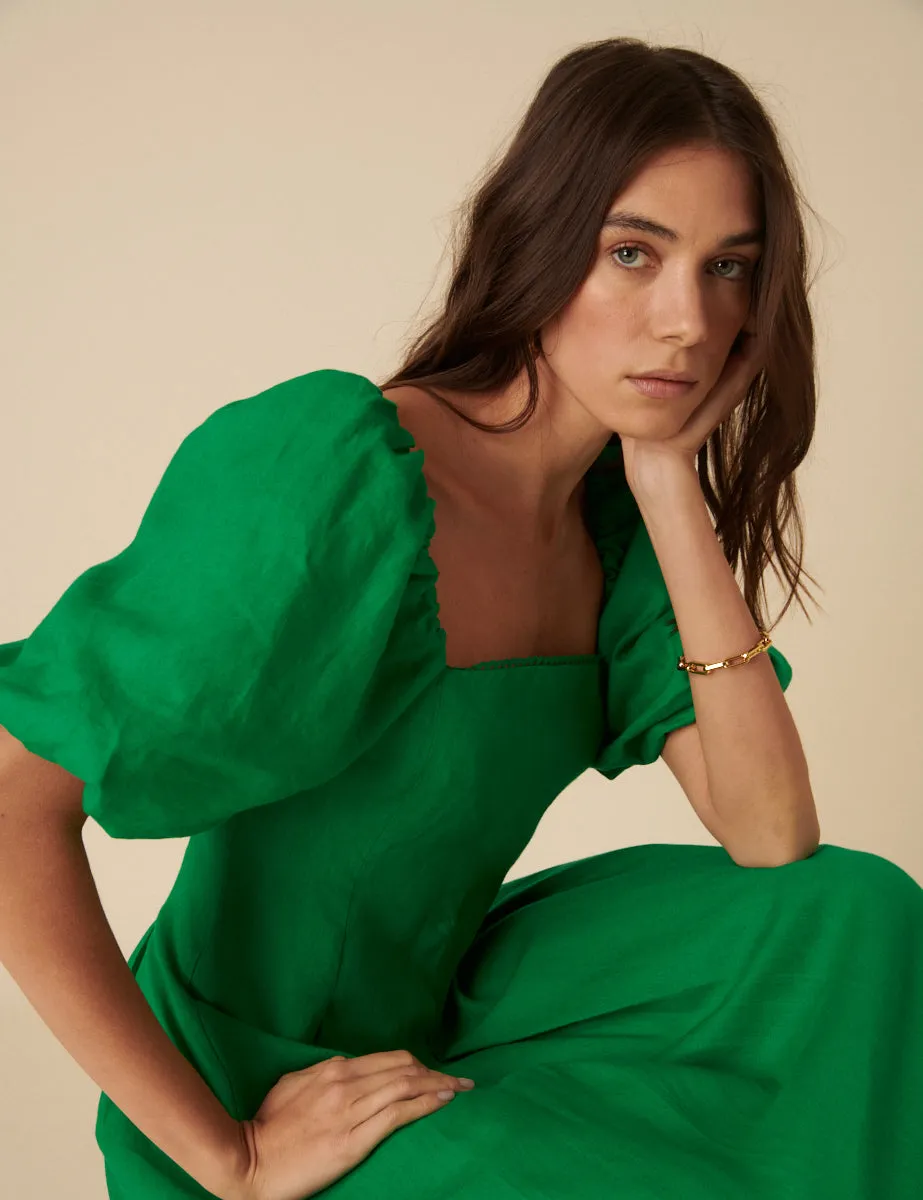 Green Puff Sleeve Linen Demi Midi Dress sold by Nobody's Child product image thumbnail 3