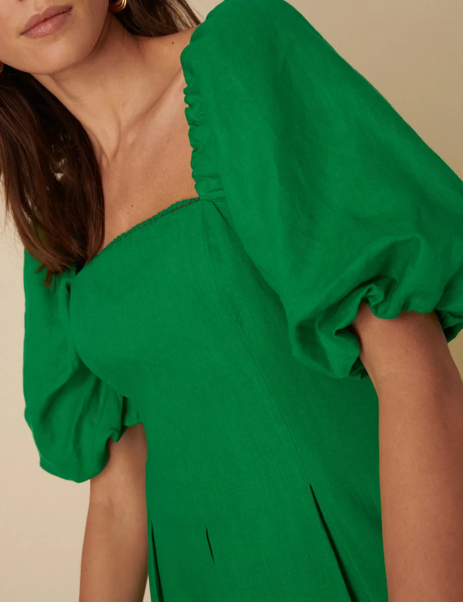 Green Puff Sleeve Linen Demi Midi Dress sold by Nobody's Child product image thumbnail 2