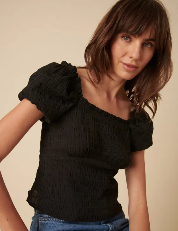 Black Ruched Puff Sleeve Top sold by Nobody's Child