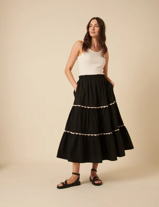 Black Scallop Trim Tiered Midi Skirt sold by Nobody's Child