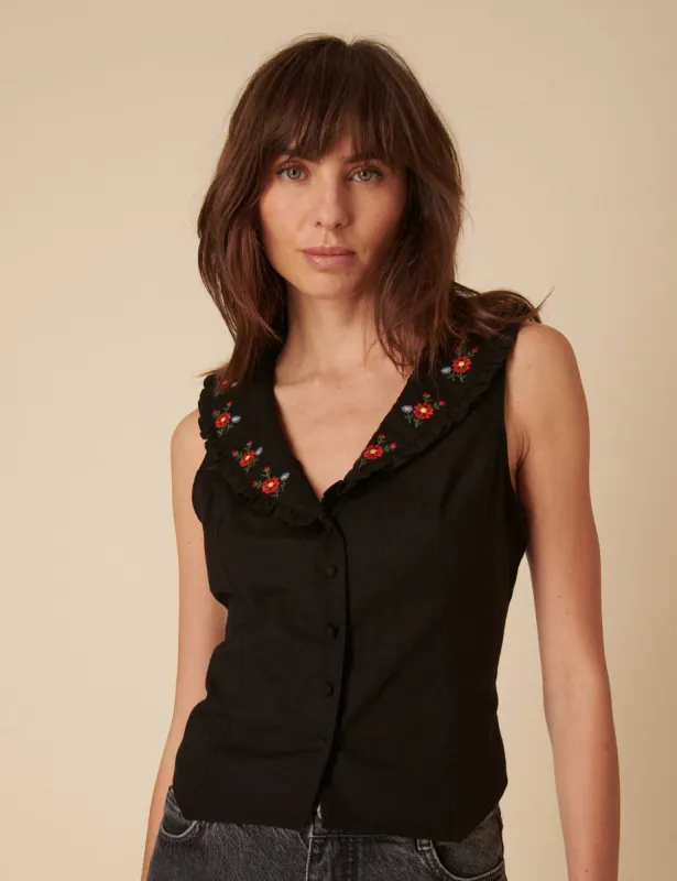 Black Floral Collar Embroidered Top sold by Nobody's Child