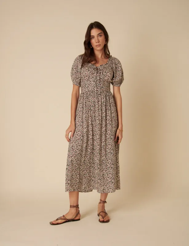 White Ditsy Floral Genevieve Midi Dress sold by Nobody's Child