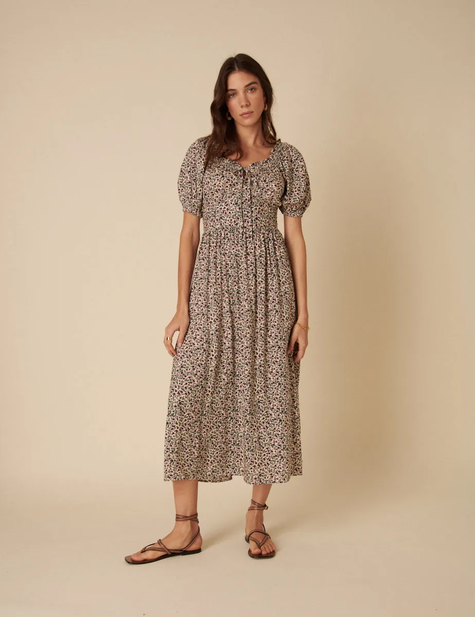 White Ditsy Floral Genevieve Midi Dress sold by Nobody's Child