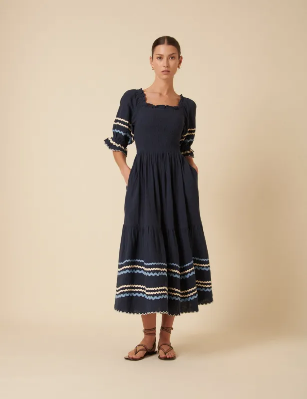 Navy Ruched Contrast Trim Rhett Midi Dress sold by Nobody's Child