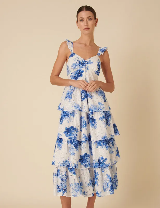 Blue Floral Tiered Rhys Midi Dress sold by Nobody's Child