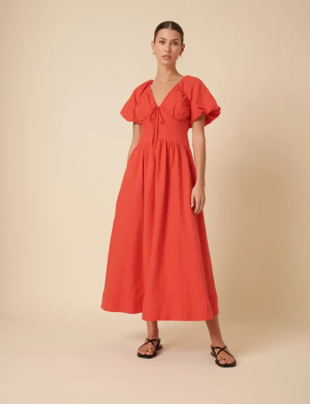 Red Linen Puff Sleeve Tiana Midi Dress sold by Nobody's Child