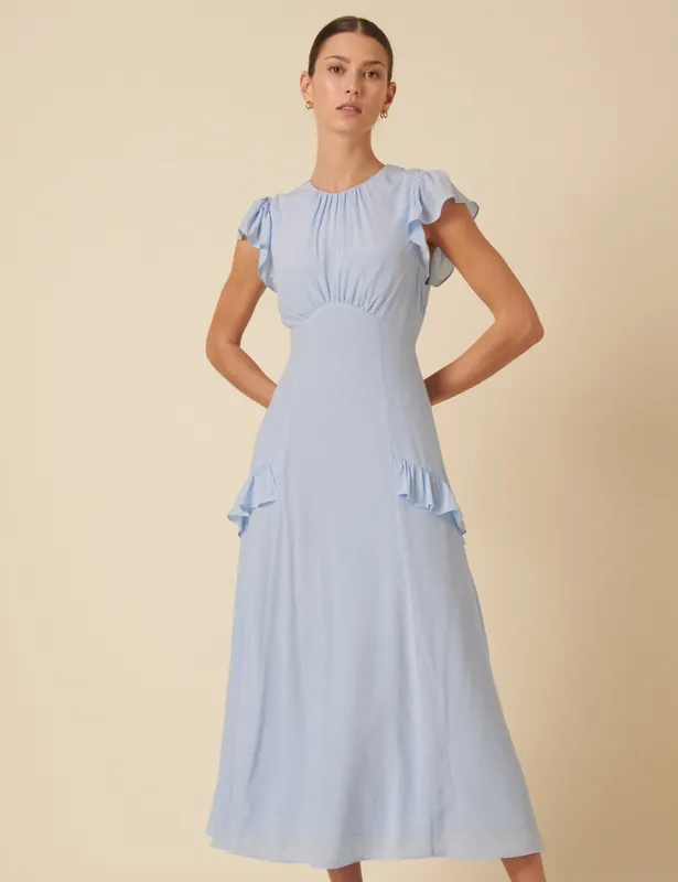 Pale Blue Ruffle Seren Midi Dress sold by Nobody's Child
