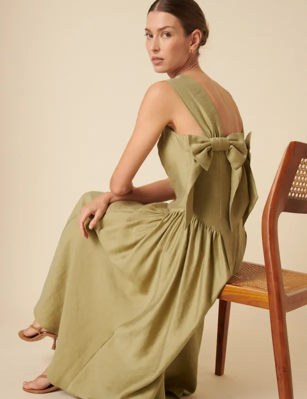 Green Bow Back Rue Midi Dress sold by Nobody's Child