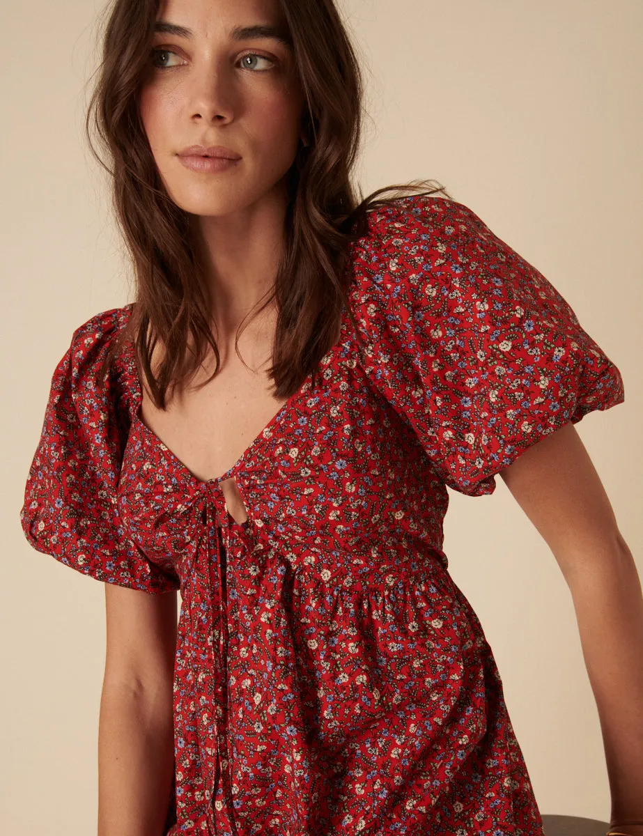 Red Ditsy Floral Puff Sleeve Joanna Mini Dress sold by Nobody's Child product image thumbnail 2